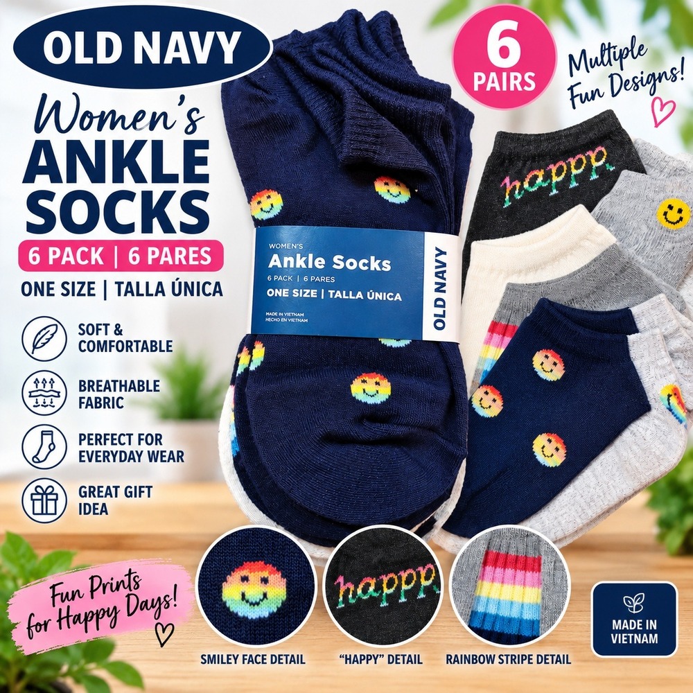 Old Navy Womens Ankle Socks 6 Pack Smiley Face Happy Rainbow One Size New